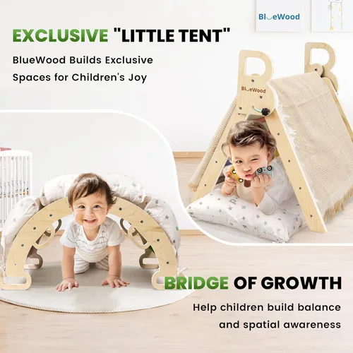 Miniatura 4 de BlueWood Pikler - Juego de triángulos con cojín, juguetes de escalada para niños pequeños 9 en 1, juego de filosofía Montessori, gimnasio