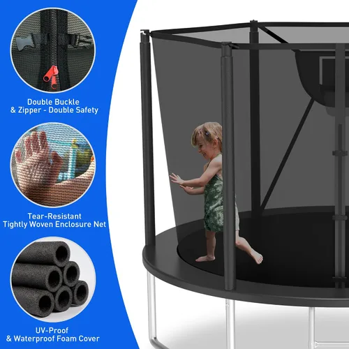 Miniatura 5 de Trampolín para exteriores de 1500 libras con luz+rociador+calcetines, trampolín resistente de 16 pies, 14 pies, 12 pies, con aro de baloncesto