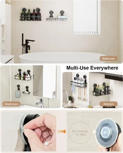 Miniatura 8 de JOTPE Estante de ducha con ventosa, paquete de 5 unidades, sin taladrar y con ventosa extraíble para baño con gran capacidad, potente organizador