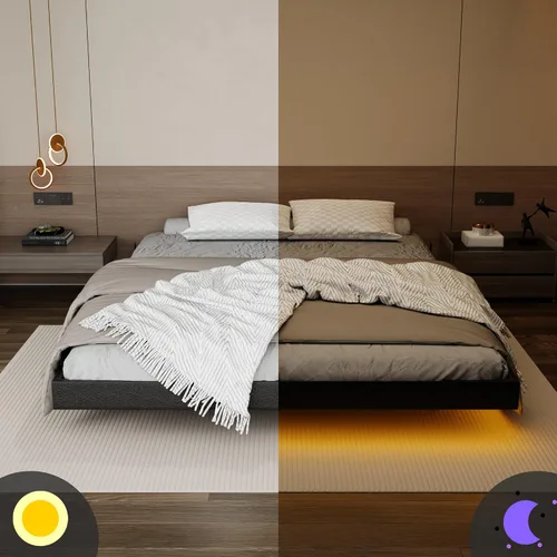 Miniatura 8 de Base de cama flotante de tamaño matrimonial con luces LED y estación de carga, marco de cama de plataforma de metal sintético negro, fácil montaje