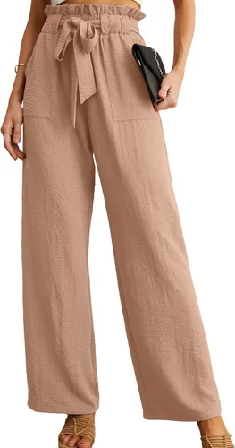 IWOLLENCE - Pantalones de pierna ancha para mujer con bolsillos, cintura alta, nudo ajustable, holgados, casuales, para trabajo y negocios