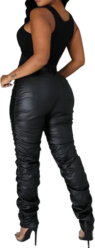 Miniatura 3 de hibshaby Sexy Club - Pantalones de piel sintética para mujer, cintura alta, fruncidos, apilados