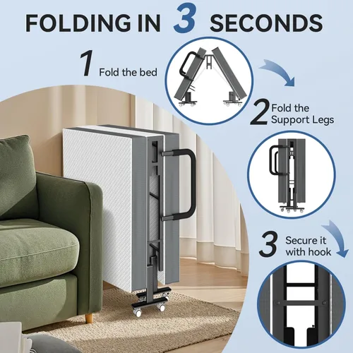 Miniatura 7 de Cama plegable para invitados con colchón y respaldo ajustable de 6 posiciones para adultos, cama nido plegable de metal, siesta de oficina, descanso