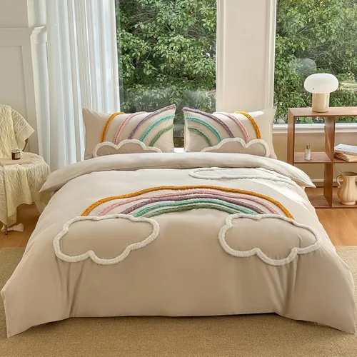 Miniatura 9 de MEILA Juego de funda de edredón de microfibra lavada, tamaño individual, diseño de arco acolchado, juego de ropa de cama de 2 piezas, bordado