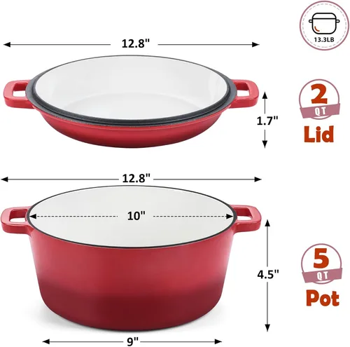 Miniatura 2 de TeamFar Horno holandés de hierro fundido esmaltado 2 en 1, olla holandesa de 5 cuartos de galón con tapa de sartén para hornear pan, estofado, Rojo