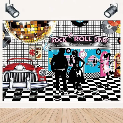 Miniatura 4 de Telón de fondo de fotos de estilo retro disco – Rollo de rock de los años 50, baile de graduación, cumpleaños, comedor, decoración de fiesta, cartel