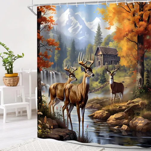 Miniatura 2 de Cortina de ducha de cabaña de ciervos, otoño, montaña, bosque, cascada, vida silvestre, caza, cabaña, cortina de baño de poliéster con ganchos, 35