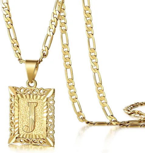 KissYan Collar Figaro con dije y letra inicial para hombres y mujeres collar chapado en oro de 18 quilates con dije de monograma cuadrado letras del