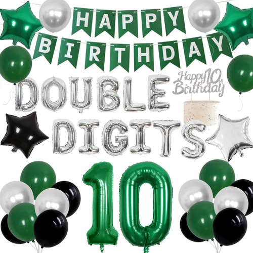 Cheereveal Decoraciones de cumpleaños número 10 – Suministros de fiesta de doble dígito verde para niños y niñas – Cartel de feliz cumpleaños y
