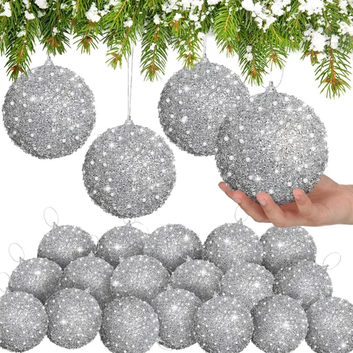 Miniatura 32 de Lyrow 24 piezas 3.15" Juego de adornos de bola de Navidad con purpurina, bola de espuma con lentejuelas colgante, decorativa, en masa, para árbol