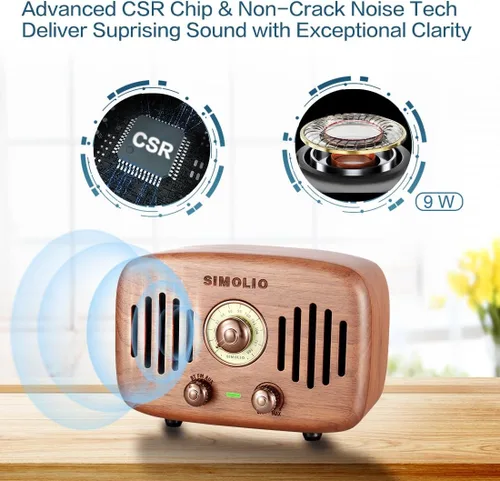 Miniatura 2 de SIMOLIO Altavoces Bluetooth retro de radio vintage, fuerte y potente sonido estéreo de 2 x 8 W, altavoz de madera de nogal negro natural con radio