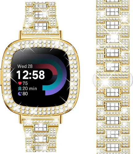 Miniatura 9 de Dsytom Bling Banda de Reloj Elegante Compatible con Fitbit Versa 4, Sense 2, Versa 3, Sense - Correa Linda con Funda Protectora de Rinstone
