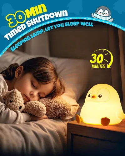 Miniatura 4 de Linda luz nocturna de pingüino, lámpara de animales, silicona de grado alimenticio, recargable, atenuable en 2 niveles, luz nocturna esponjosa