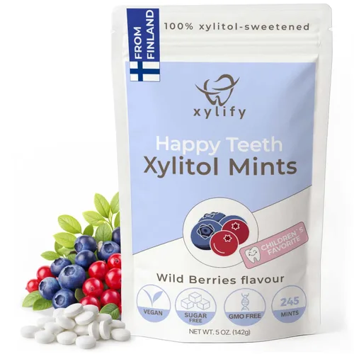 Mentas de xilitol para el cuidado oral - Sabor bayas silvestres, 100% xilitol endulzado, caramelo sin azúcar, mentas dentales Happy Teeth de