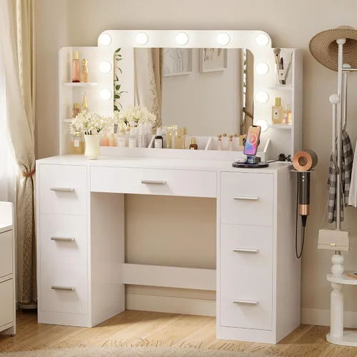 Furmax - Escritorio de tocador con espejo estilo Hollywood con luces LED, mesa de maquillaje con 2 tomas de corriente AC y 1 USB y 1 puerto tipo C,