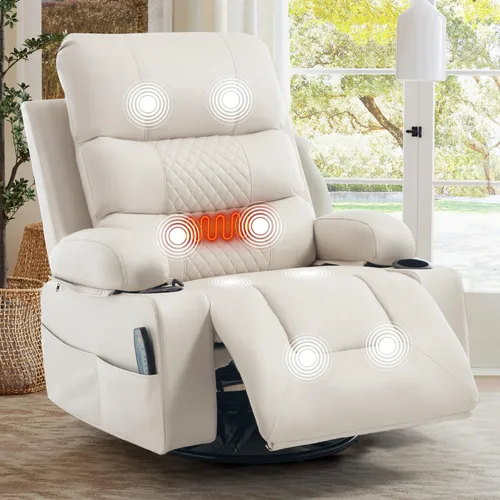 Miniatura 10 de KCQ Silla reclinable giratoria de gran tamaño con portavasos de calor para masaje, sillas reclinables de tela con relleno para guardería, mecedora