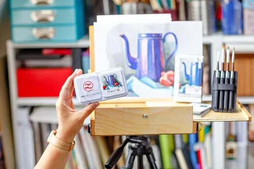 Miniatura 6 de ZenART - Pintura de acuarela moderna profesional, no tóxica, juego de 12 medias bandejas en paleta de lata de metal, juego de viaje portátil