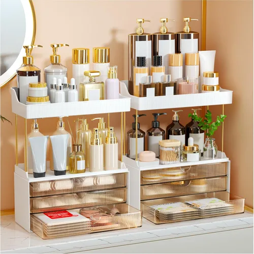 Miniatura 10 de StorBin Organizador de maquillaje de 3 cajones grandes, organizador de encimera de baño de 5 niveles y almacenamiento, organizador versátil de Ámbar