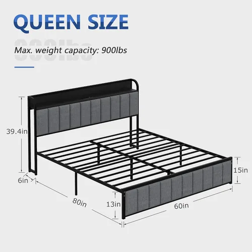 Miniatura 2 de VECELO Marco de Cama Queen, Cabecera Tapizada con Almacenamiento y Estación de Carga, Marco de Cama de Plataforma, Listones de Metal Resistente, No