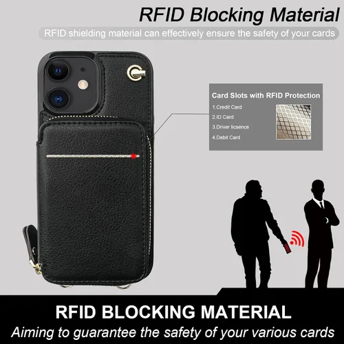 Miniatura 3 de Bocasal Funda tipo cartera cruzada para iPhone 12/12 Pro, funda de piel con bloqueo RFID y soporte para tarjetas, funda protectora con cremallera