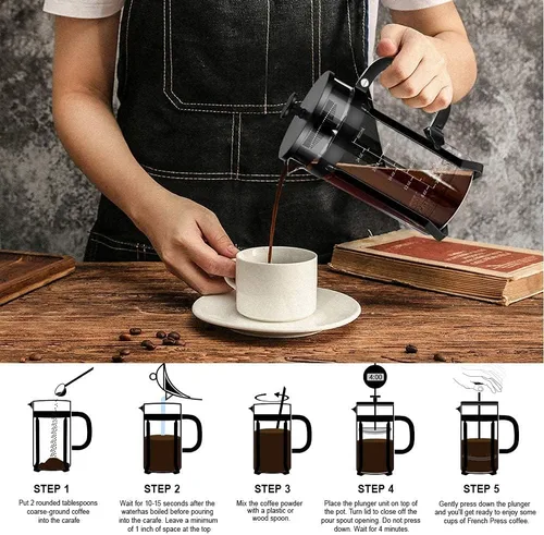 Miniatura 6 de QUQIYSO Cafetera de prensa francesa de acero inoxidable 304 con 4 filtros, resistente al calor, duradera, fácil de limpiar, prensa de café de vidrio