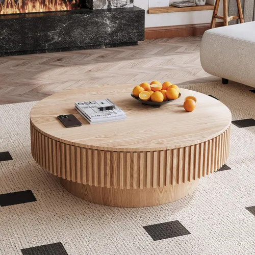Miniatura 18 de Mesa de centro redonda con almacenamiento, moderna mesa de centro de madera con chapeado de madera maciza, mesa central circular mesa de té de 31.5