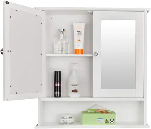 Miniatura 6 de Armario de baño con espejo, botiquín montado en la pared con puertas y estantes, gabinete de almacenamiento de baño de madera, armario sobre