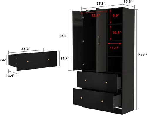 Miniatura 2 de Homsee Armario de madera con espejo, 2 puertas, 2 cajones, 4 cubos de almacenamiento abiertos y barra para colgar para dormitorio, negro