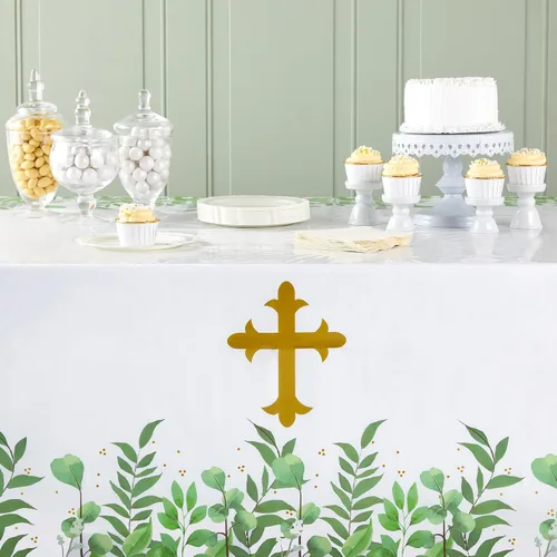 Miniatura 3 de Sparkle and Bash Manteles de bautismo, paquete de 3, 54 x 108 pulgadas, plástico dorado, decoración de mesa religiosa desechable para bautismo