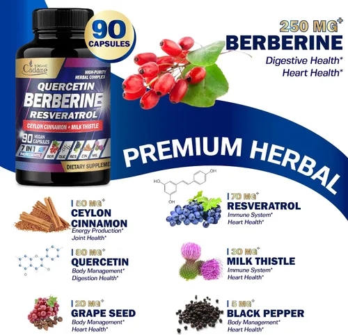 Miniatura 6 de Organic Cadane Suplemento de berberina pura 7 en 1 con quercetina, canela de Ceilán, resveratrol, cardo mariano, semilla de uva y pimienta negra