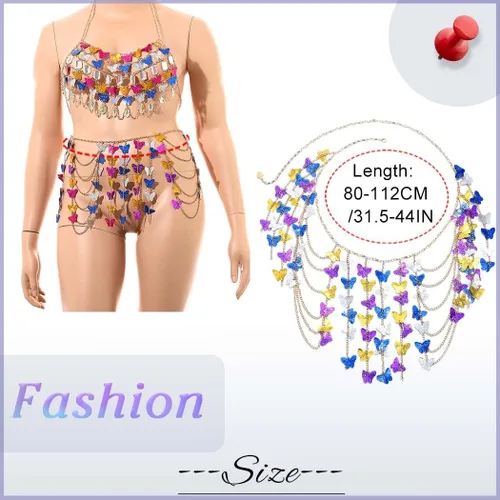 Miniatura 7 de Cadena de cuerpo con borlas y lentejuelas, falda de mariposa dorada colorida en capas, para fiesta en la playa, accesorios ajustables