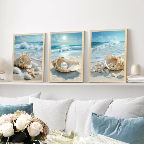 Miniatura 4 de SYWENNOI 3 piezas de arte de pared de playa con marco de madera, juego de 3 impresiones costeras, conchas marinas, estrellas de mar, olas, orilla