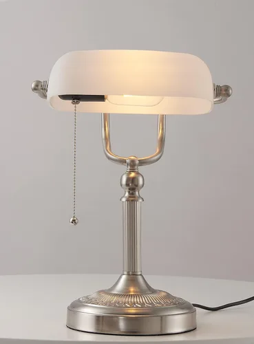 Miniatura 2 de Lámpara de escritorio Newrays de cristal blanco satinado con interruptor de cadena y enchufe en el soporte, base de níquel arena Base blanca mate
