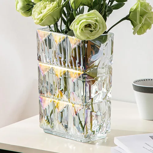 Iridescent Crystal Flower Vase Heavyweight Glass Centerpiece Holographic Colorful Vases for Living Room Trendy Home Decor Scratch Resistant Clear