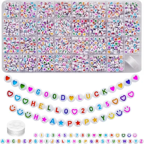Miniatura 22 de Amaney – 1600 piezas, cuentas acrílicas del alfabeto, 31 estilos, corazón, número, estrella y sonriente, cuentas de 4 x 7 mm para hacer joyería