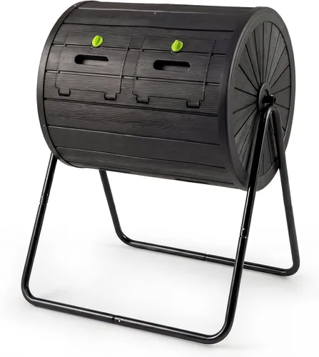 Miniatura 13 de Goplus Contenedor de compostaje, vaso de compostaje de doble cámara de 34.5 galones con 2 cámaras giratorias, puertas corredizas, compostador