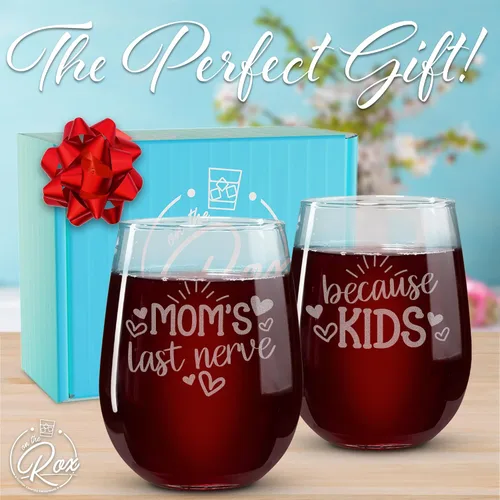 Miniatura 4 de On The Rox Drinks Regalos de vino para mamás – Juego de 2 copas de vino sin tallo de 17 onzas «Because Kids and Mom's Last Nerve», regalos 2 piezas