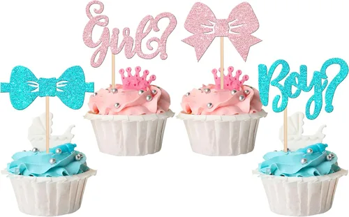 Miniatura 3 de 24 piezas de adornos para cupcakes para niños o niñas, con purpurina rosa o azul, overol para revelación de género, para baby shower, niños, niñas