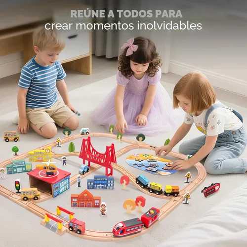 Miniatura 6 de Juego de tren de madera de 118 piezas, juego de tren urbano con tren eléctrico y juego de pesca, compatible con las principales marcas, regalo ideal