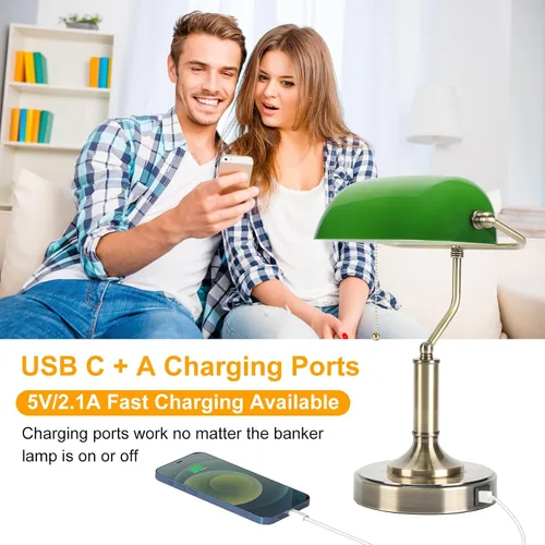 Miniatura 4 de LINNMON Bankers - Lámpara de escritorio verde con interruptor de cadena de tracción, lámpara retro con puertos de carga USB y tipo C, lámpara