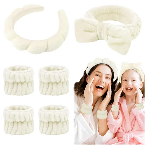 6 Piezas Diademas Esponjosas para Spa y Muñequeras, Beige, Diadema para Lavar la Cara y Cuidado de la Piel, Diadema Absorbente para Ducha, Yoga,