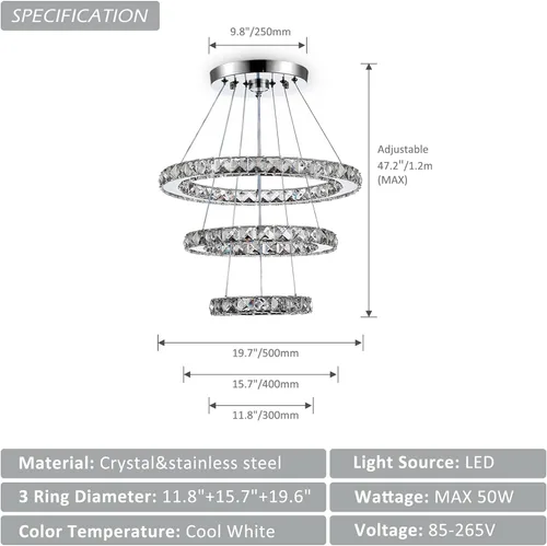 Miniatura 3 de CLAIRDAI Candelabros de Cristal Modernos Ajustables de Cristal de 3 Anillos Lámpara de Techo LED Candelabros LED para Comedor Dormitorio Sala