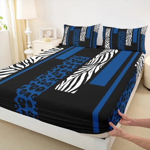 Miniatura 17 de Sábana bajera ajustable con estampado de leopardo, tamaño individual, juego de ropa de cama rústica con rayas de piel de cebra, decoración