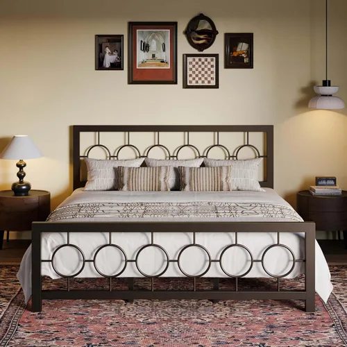 SHA CERLIN Marco de cama de metal tamaño King con cabecera y pie de cama de diseño circular vintage, no requiere somier, fácil montaje, sin ruido,