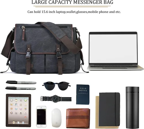 Miniatura 6 de Bolsa de mensajero vintage de lona para laptop de 15.6 pulgadas para hombres y mujeres, bolsa de hombro para computadora universitaria, maletines