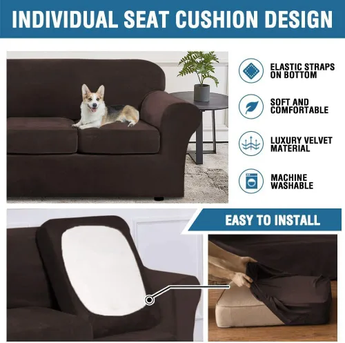 Miniatura 6 de H.VERSAILTEX Fundas de Sofá Elásticas de Terciopelo Real Suave de 3 Piezas Fundas de Sofá para Sofá de 2 Cojines Fundas de Loveseat con Ancho