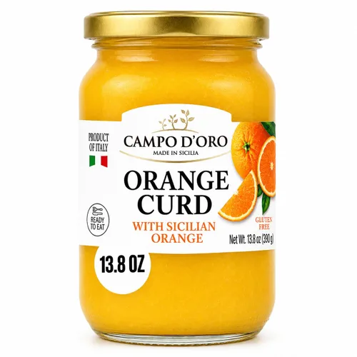 CAMPO D'ORO - Cuajada de naranja siciliana, 13.8 oz (390 g), hecho con jugo de naranja fresco, huevos y mantequilla, producto de Italia, 100%