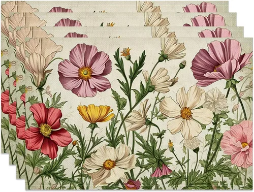 Juego de 4 manteles individuales vintage con diseño floral de naturaleza campestre para cocina, restaurante, decoración de primavera, al aire libre,