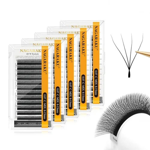 Miniatura 354 de NAGARAKU Extensiones de pestañas Double Tips 4D W, suministros con puntas dobles, gruesas con rizado D de 0.07 mm, bandeja mixta 8-15 mm, 0.07-D