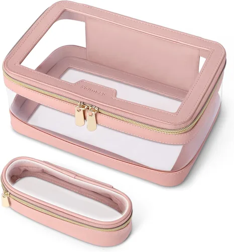 Soimeat Bolsa de Maquillaje Transparente de Viaje con Bolsa de Brochas de Maquillaje, Estuche de Maquillaje de Cuero Bolsa de Tocador, Bolsa de Rosa